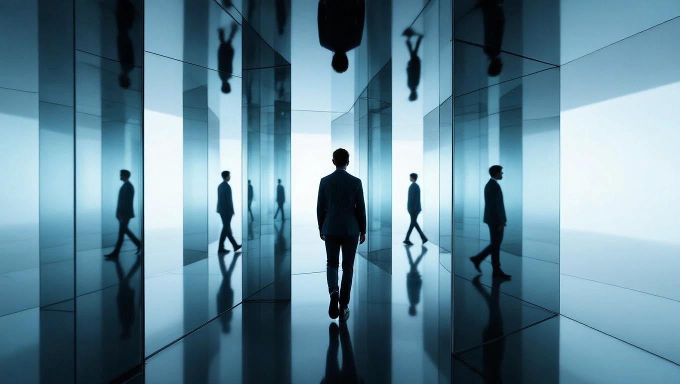 Mit jelent arról álmodni, hogy hiába próbálkozol? – Részletes álomfejtés és értelmezés Egy férfi sétál egy tükörrel borított folyosón, ahol a reflexiók zavaróak.