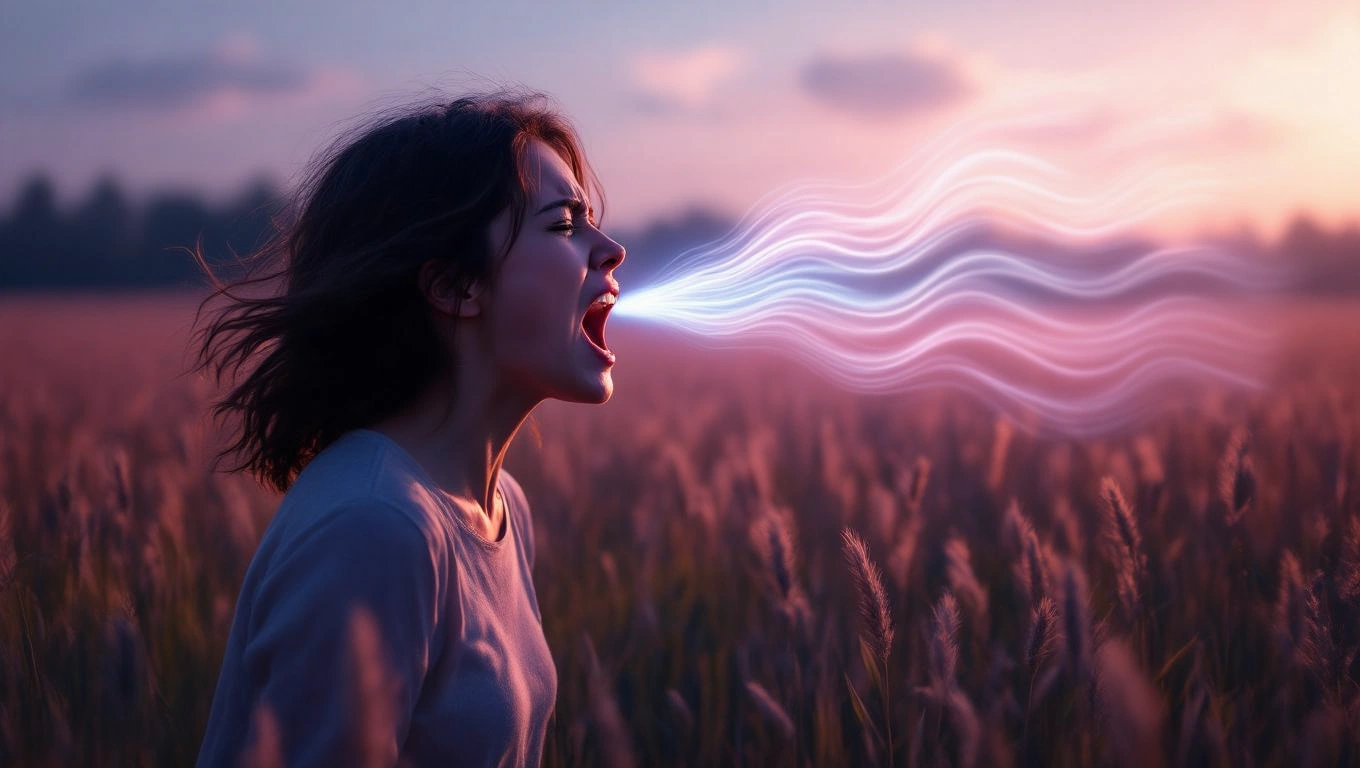 Mit jelent arról álmodni, hogy hiába próbálkozol? – Részletes álomfejtés és értelmezés Egy nő kiált a mezőn, szél fújja a haját, érzelmeket kifejezve.