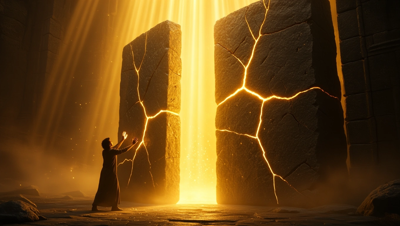 Mit jelent arról álmodni, hogy hiába próbálkozol? – Részletes álomfejtés és értelmezés Egy ember próbálkozik megnyitni egy repedezett, fénylő kaput egy sötét helyen.