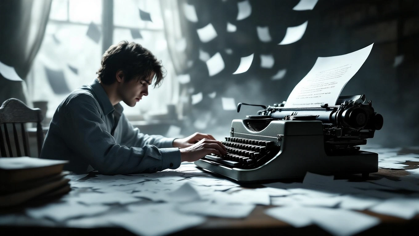 Mit jelent arról álmodni, hogy hiába próbálkozol? – Részletes álomfejtés és értelmezés Egy fiatal férfi ír egy írógépen, körülötte szétszórt papírlapokkal.