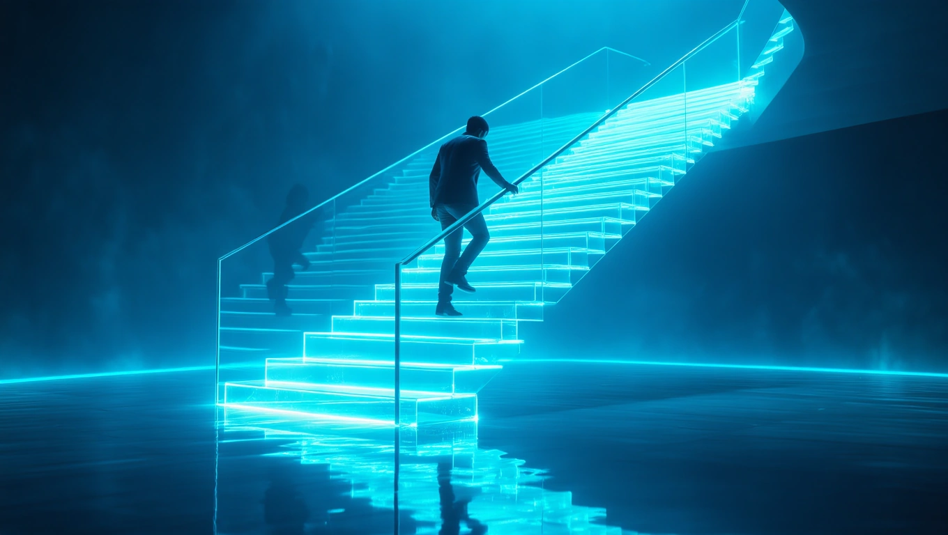 Mit jelent arról álmodni, hogy hiába próbálkozol? – Részletes álomfejtés és értelmezés Egy ember lépcsőn halad felfelé, körülötte kék fények és köd.
