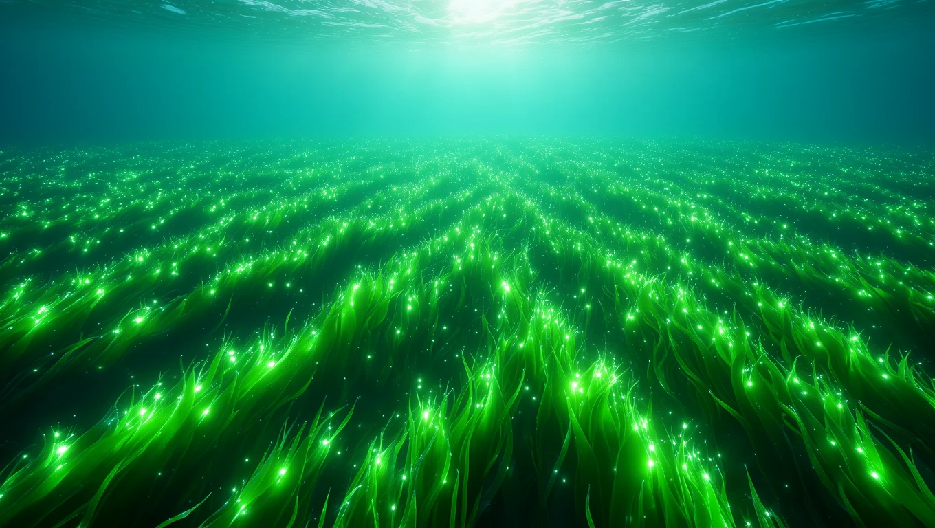 Mit jelent hínárral álmodni? – Részletes álomfejtés és értelmezés Zöld hínár mező a víz alatt, fények csillognak a növényeken.