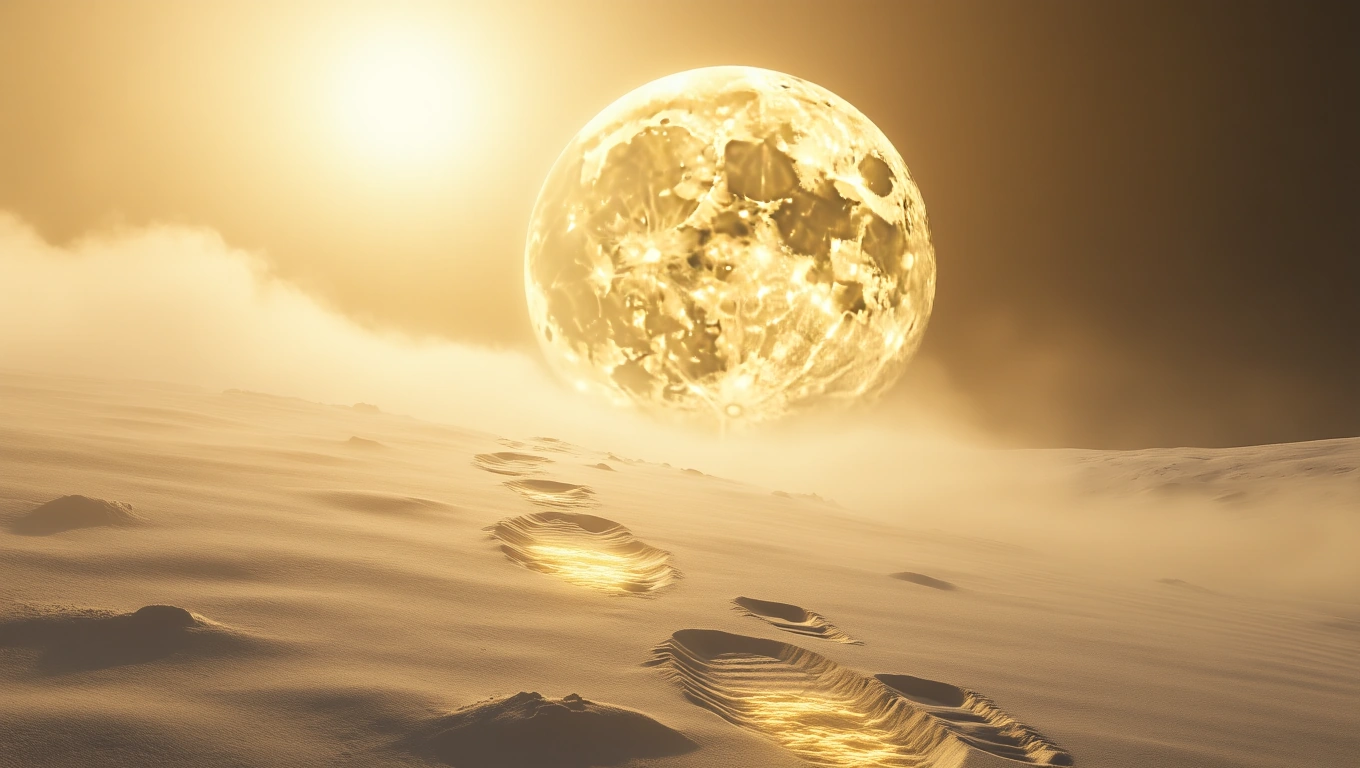 Mit jelent holdraszállással álmodni? – Részletes álomfejtés és értelmezés Egy hatalmas, fénylő hold látható egy havas táj felett, lábnyomokkal a hóban.