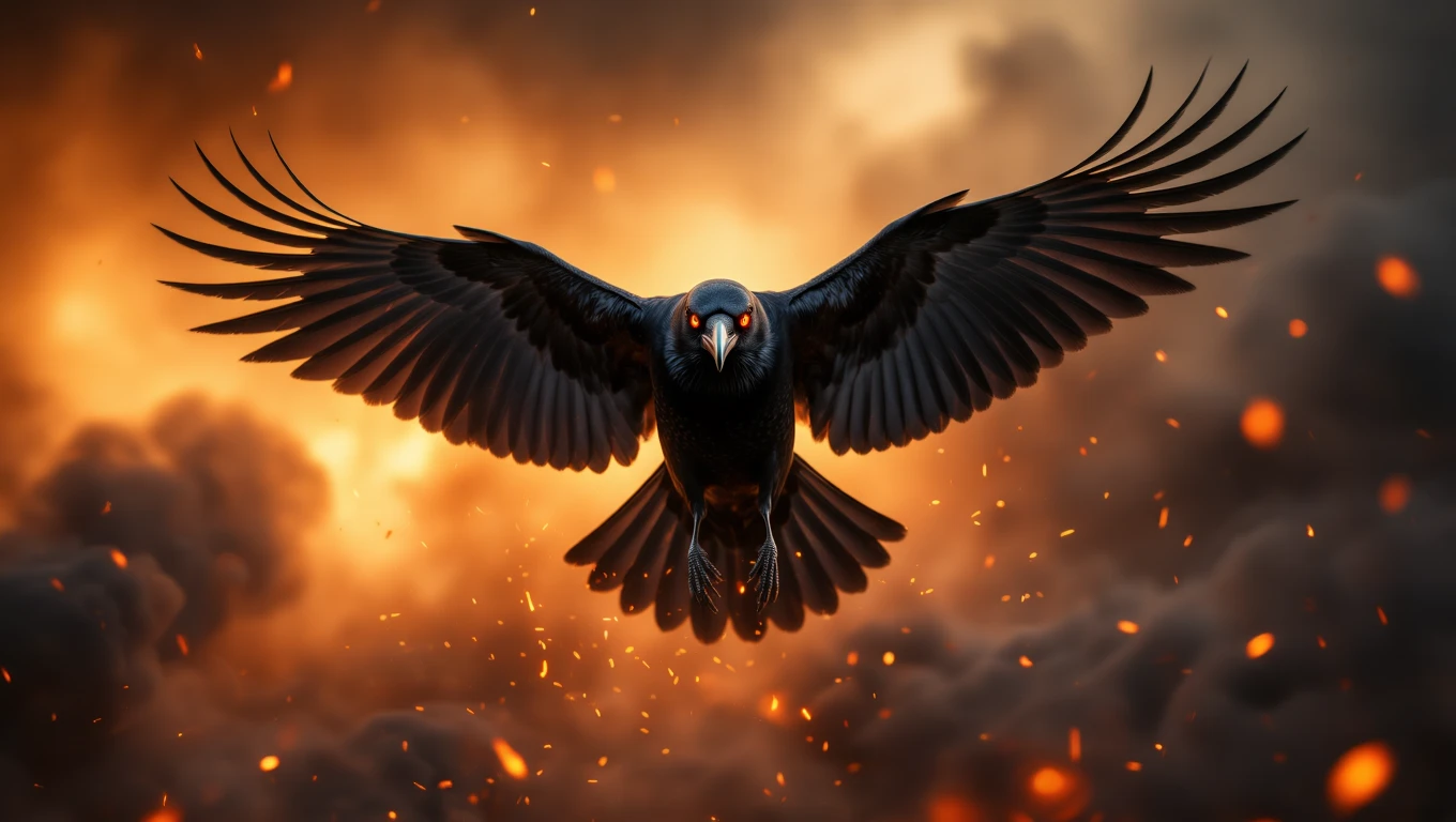 Mit jelent hollóról álmodni? – Részletes álomfejtés és értelmezés Egy holló szárnyait kitárva repül, háttérben lángokkal és füsttel.