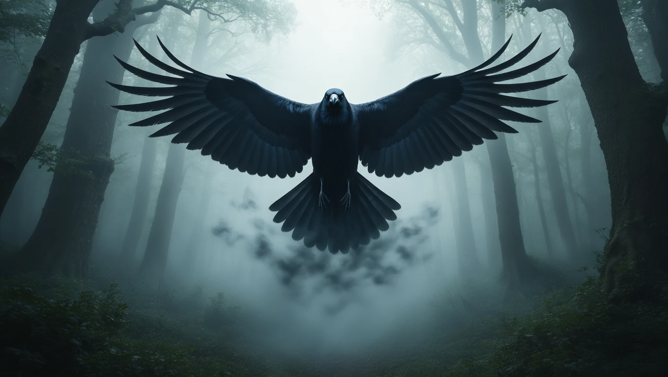 Mit jelent hollóról álmodni? – Részletes álomfejtés és értelmezés Egy holló szárnyait kitárva repül egy ködös erdő felett.