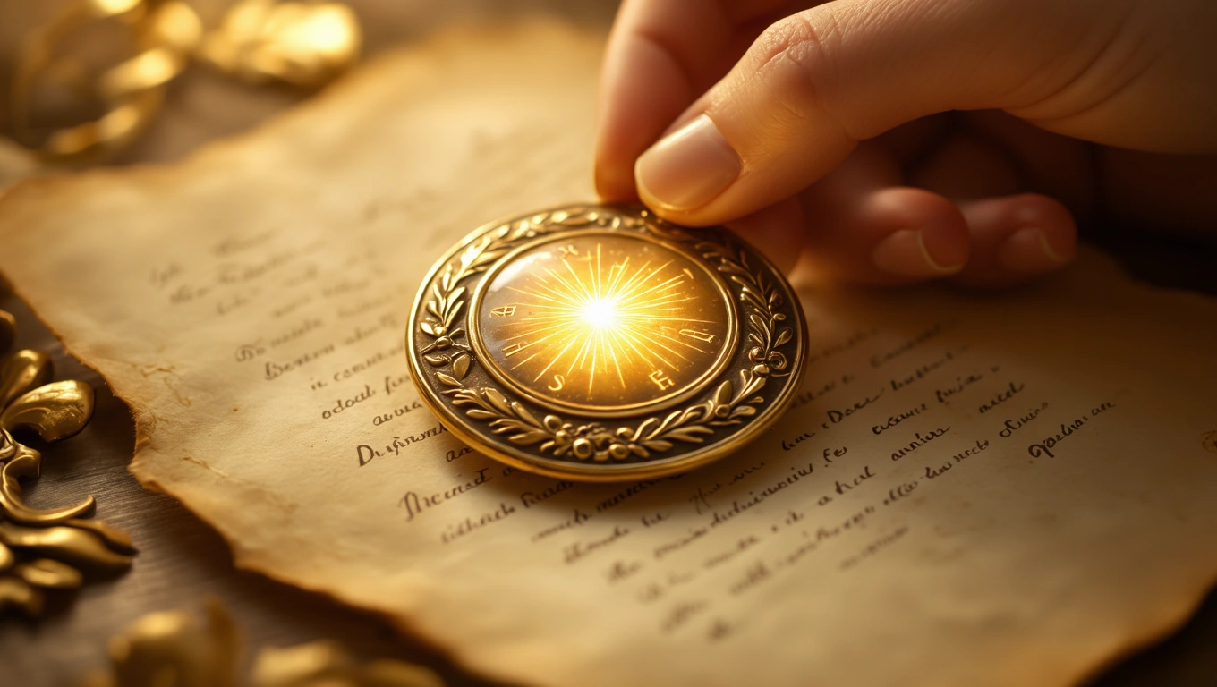 Mit jelent jelvénnyel álmodni? – Részletes álomfejtés és értelmezés Egy kéz egy arany jelvényt tart, amely fényt sugároz, háttérben régi írás.