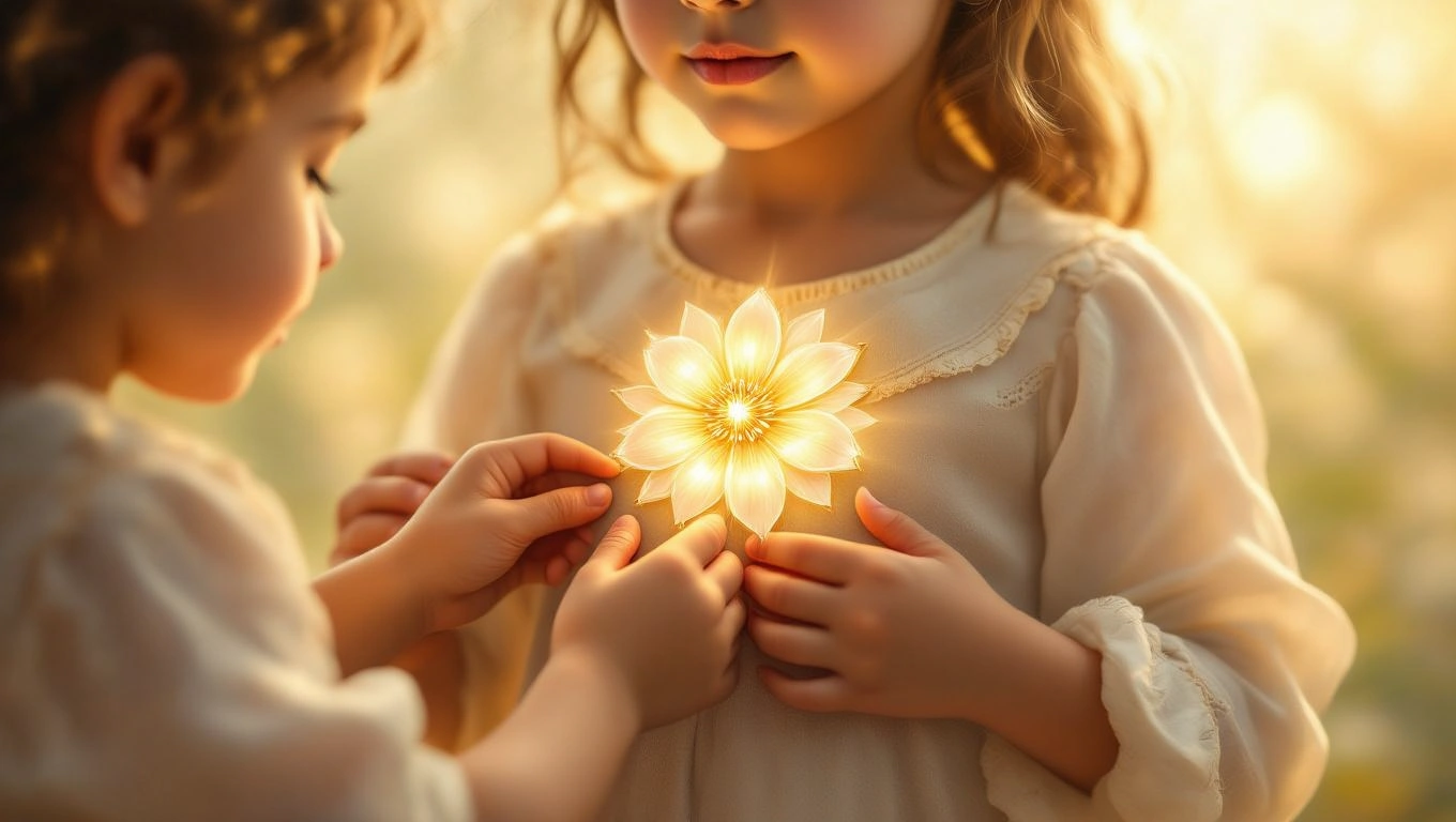 Mit jelent jelvénnyel álmodni? – Részletes álomfejtés és értelmezés Két gyermek egy fénylő virágot tart a kezében, ami a jelvények szimbolikáját idézi.