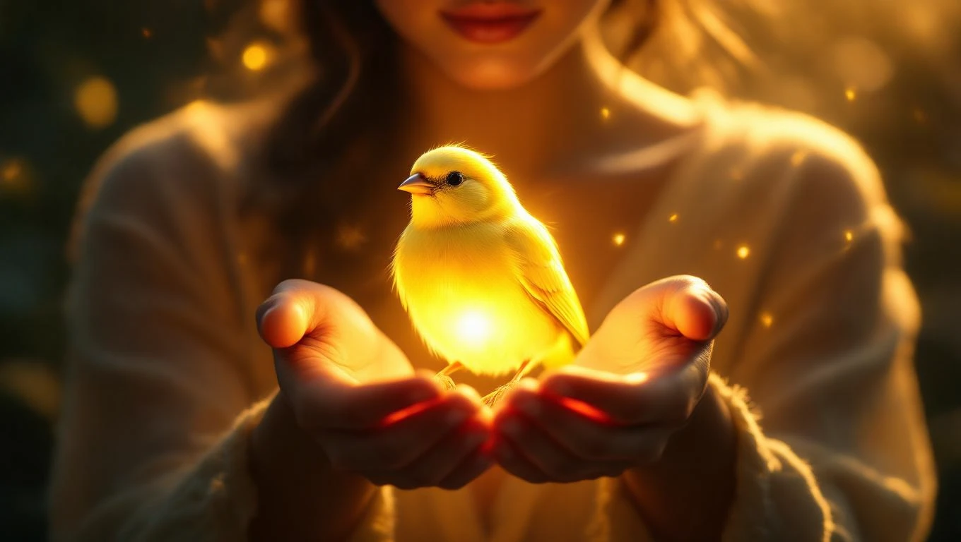 Mit jelent kanárival álmodni? – Részletes álomfejtés és értelmezés Egy nő kezében egy fénylő kanári ül, ami a boldogságot és szabadságot szimbolizálja.