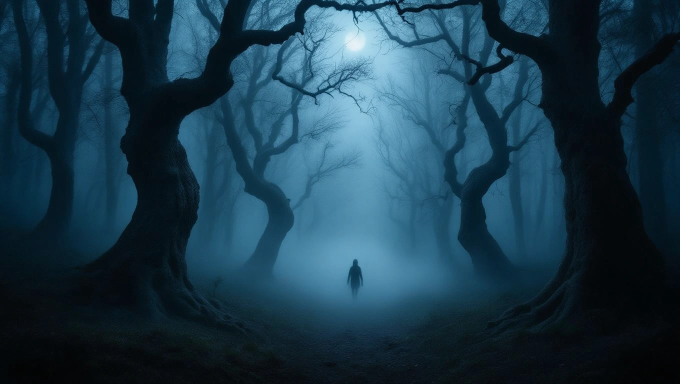 Mit jelent emberölésről álmodni? – Részletes álomfejtés és értelmezés Egy sötét, ködös erdőben egy magányos alak látható, amely a fák között halad.