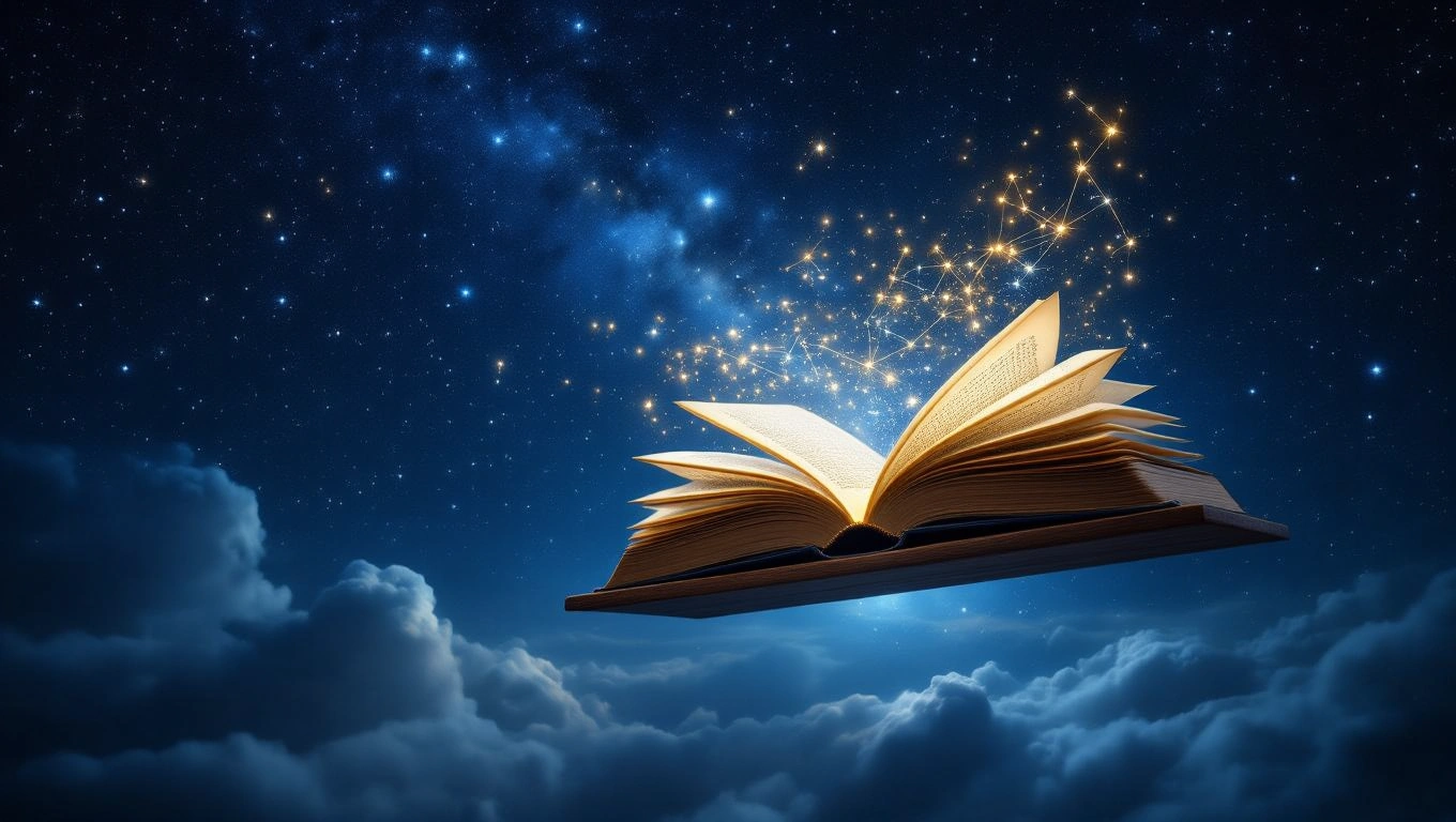 Mit jelent könyvespolccal álmodni? – Részletes álomfejtés és értelmezés Nyitott könyv lebeg a csillagos ég alatt, varázslatos fényekkel körülvéve.