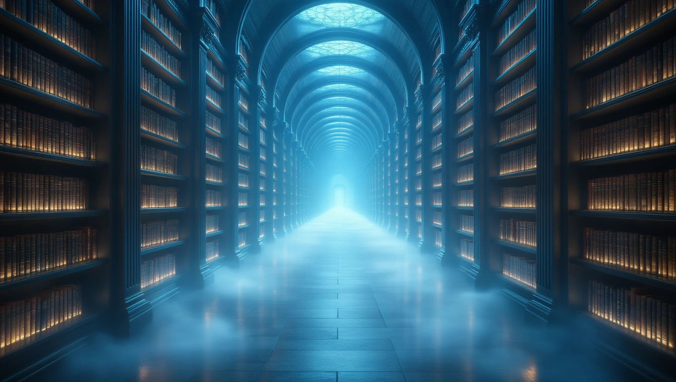 Mit jelent könyvespolccal álmodni? – Részletes álomfejtés és értelmezés Egy titokzatos könyvtár, ahol könyvespolcok sorakoznak, ködös fényben.