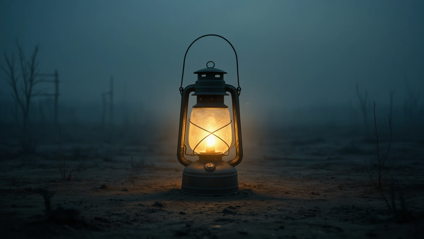 Mit jelent benzines kannáról álmodni? – Online álomfejtés és értelmezés Egy világító lámpás áll sötét, ködös tájon, szimbolizálva az energiát és a változást.