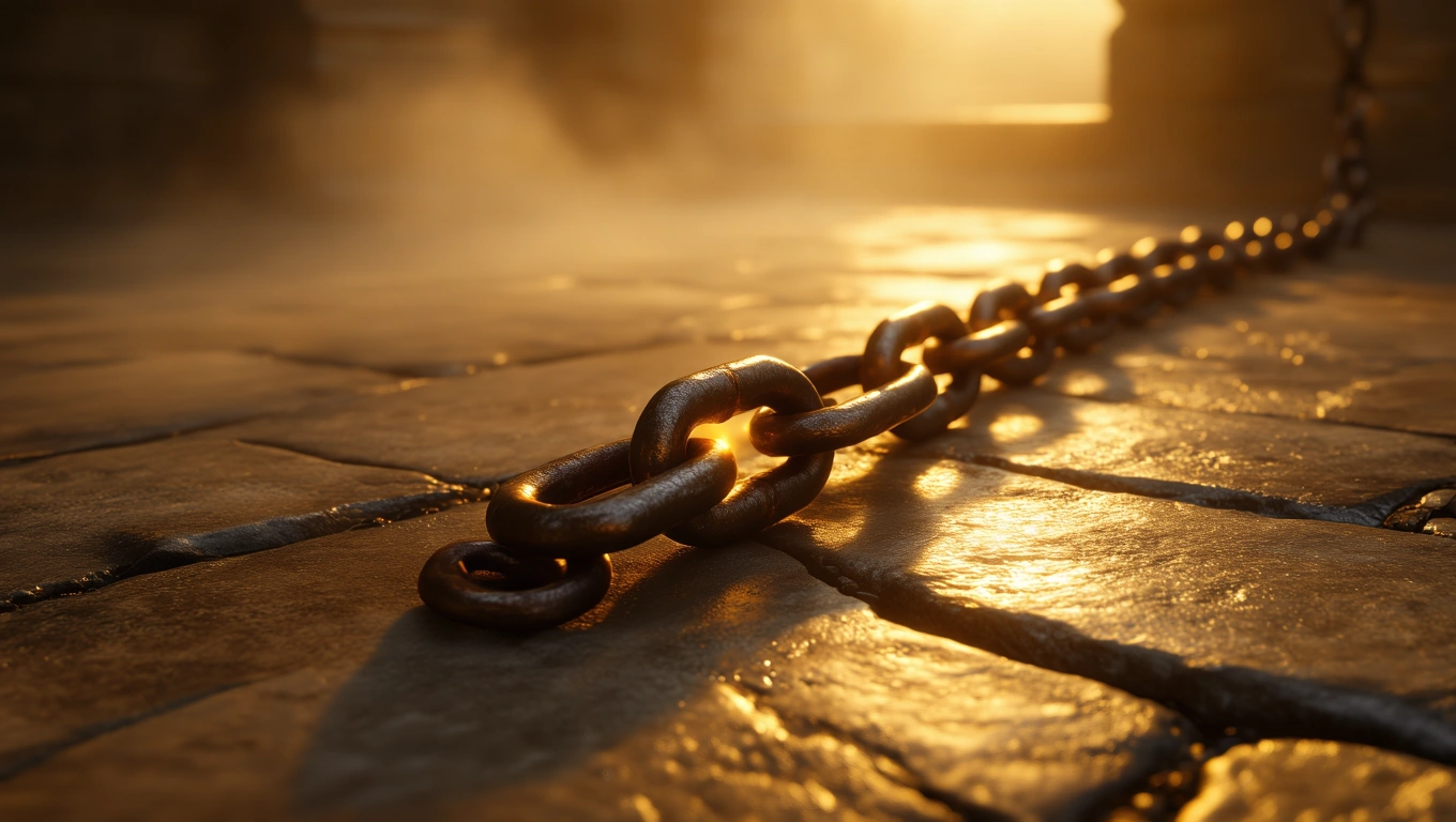 Mit jelent láncról álmodni? – Részletes álomfejtés és értelmezés Egy fényes lánc fekszik a kövezeten, a napfényben csillogva.