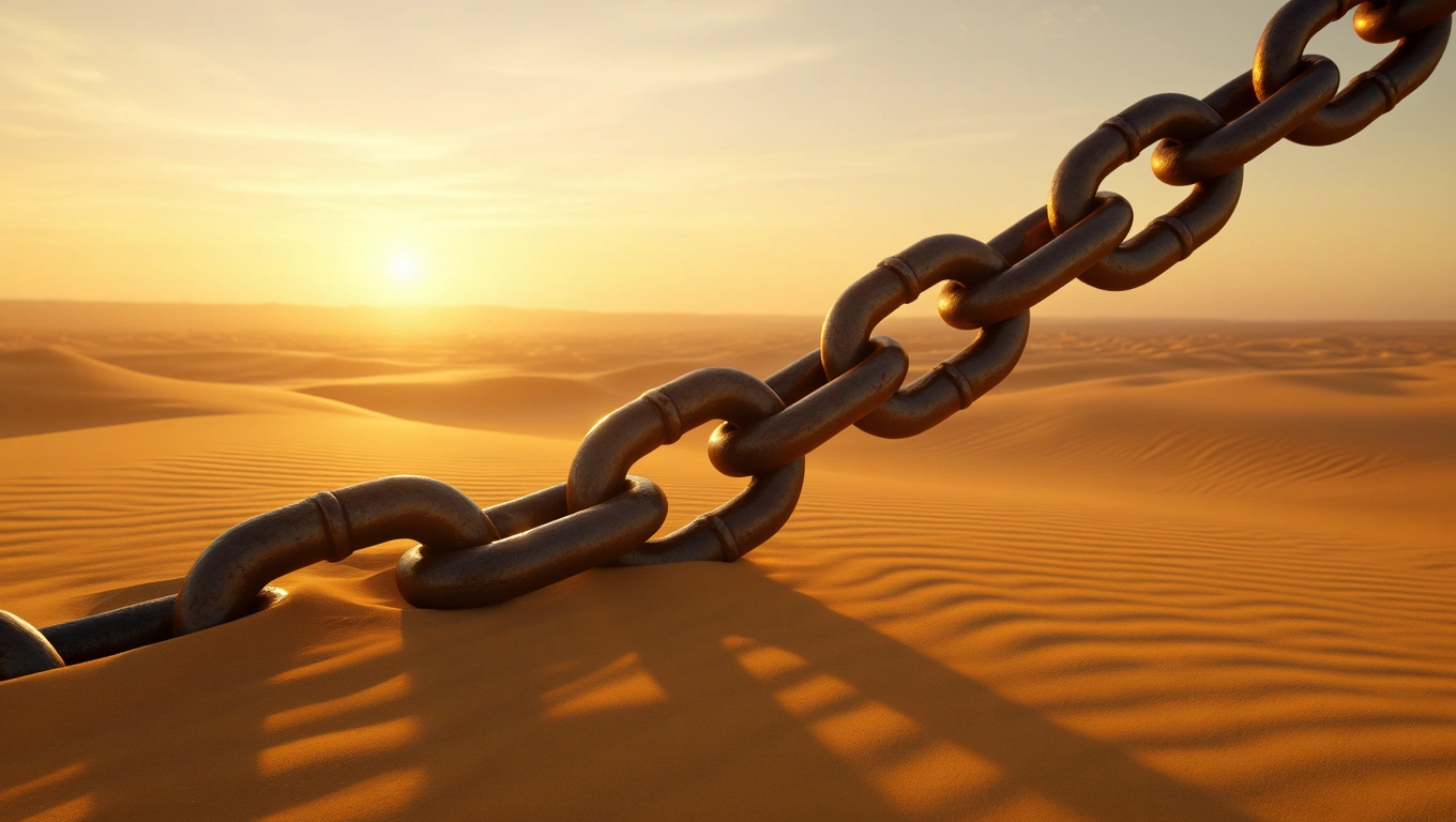 Mit jelent láncról álmodni? – Részletes álomfejtés és értelmezés Egy lánc fekszik a homokdűnéken, a naplemente fényében.