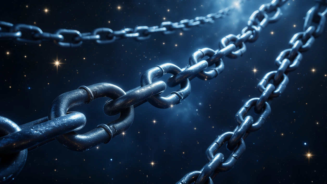 Mit jelent láncról álmodni? – Részletes álomfejtés és értelmezés Egy lánc lebeg a csillagos égbolt előtt, szimbolizálva a kötődést és a korlátozottságot.