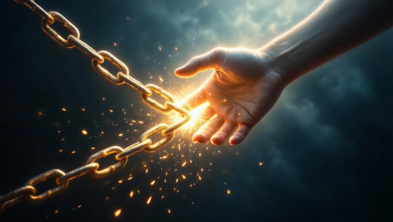 Mit jelent láncról álmodni? – Részletes álomfejtés és értelmezés Egy kéz, amely éppen egy láncot tör meg, fény és szikrák kíséretében.
