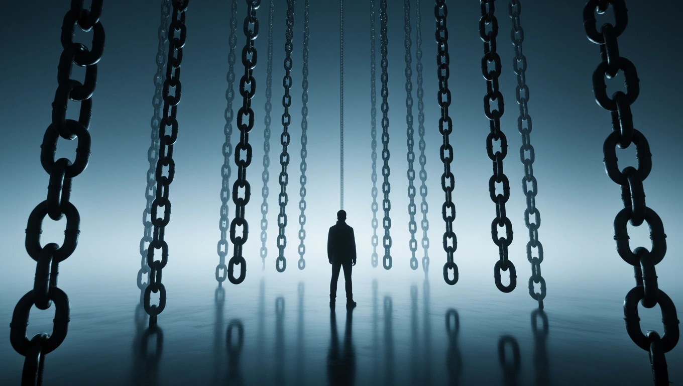 Mit jelent láncról álmodni? – Részletes álomfejtés és értelmezés Egy férfi áll láncok között, amelyek a korlátozottság és kötődés szimbólumai.