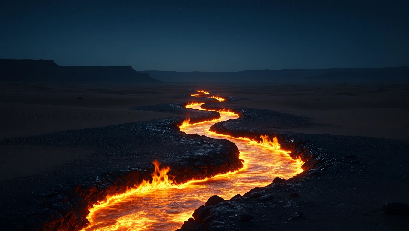 Mit jelent szénnel álmodni? – Részletes álomfejtés és értelmezés Lávafolyam kanyarog a sötét tájban, tüzes fényével ragyogva.