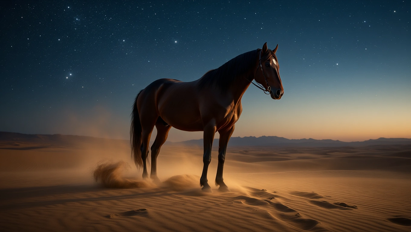 Mit jelent lovakkal álmodni? – Részletes álomfejtés és értelmezés Egy ló áll a homokdűnék között, csillagos ég alatt, erőt és szépséget sugallva.