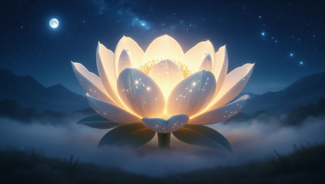 Mit jelent virággal álmodni? – Részletes álomfejtés és értelmezés Egy gyönyörű, világító lótuszvirág éjszakai háttérben, csillagokkal és holdfénnyel.