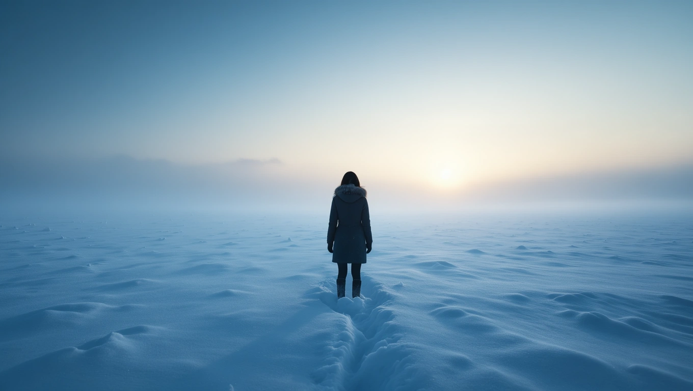 Mit jelent arról álmodni, hogy nem tudsz lépni? – Részletes álomfejtés és értelmezés Egy nő áll a hóval borított tájon, a naplemente fénye mögötte.