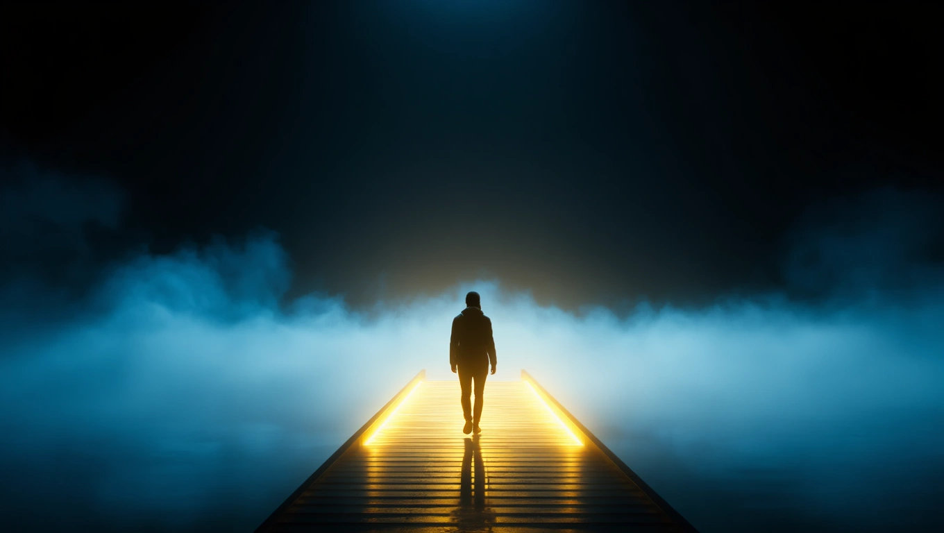 Mit jelent arról álmodni, hogy nem tudsz lépni? – Részletes álomfejtés és értelmezés Egy ember áll egy világító hídon, körülötte sötét köd és titokzatos légkör.