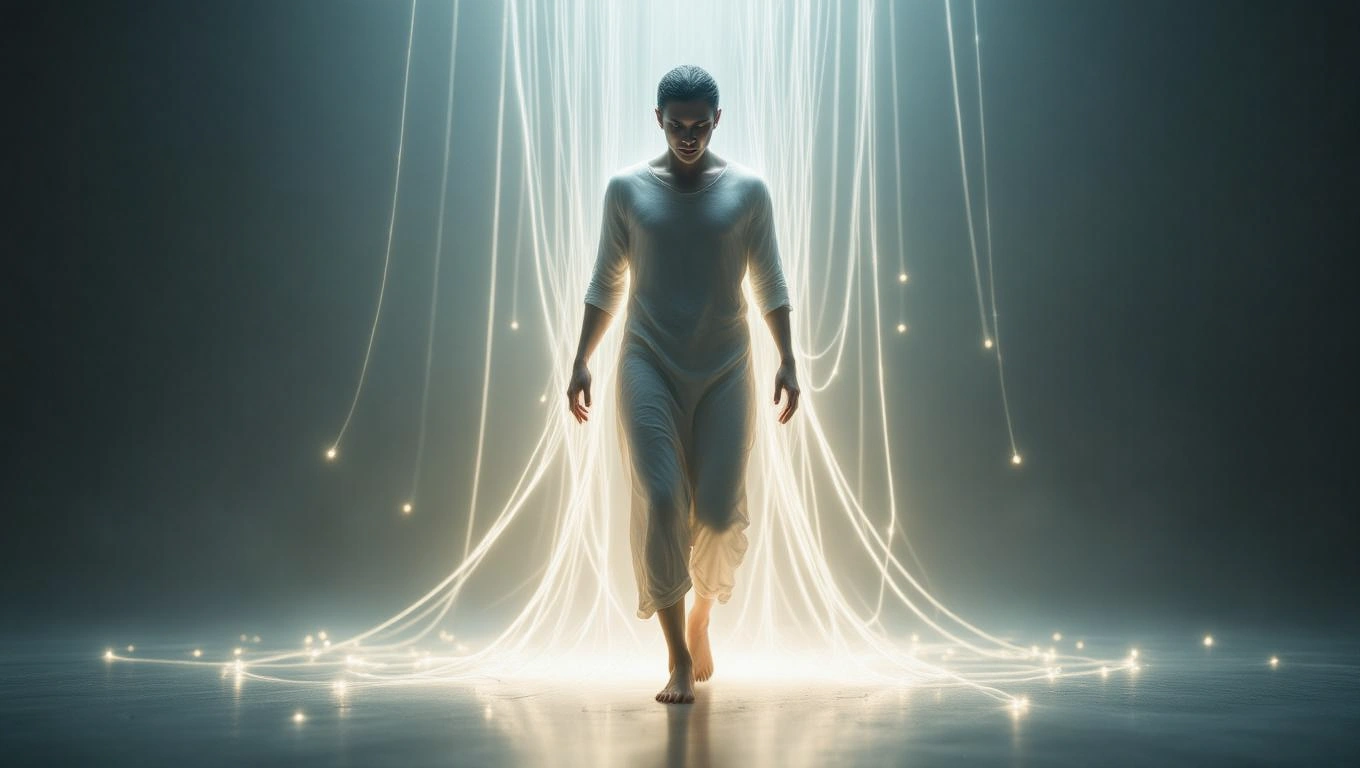 Mit jelent arról álmodni, hogy nem tudsz lépni? – Részletes álomfejtés és értelmezés Egy nő fehér ruhában, aki mozdulatlanul áll, fényekkel körülvéve.