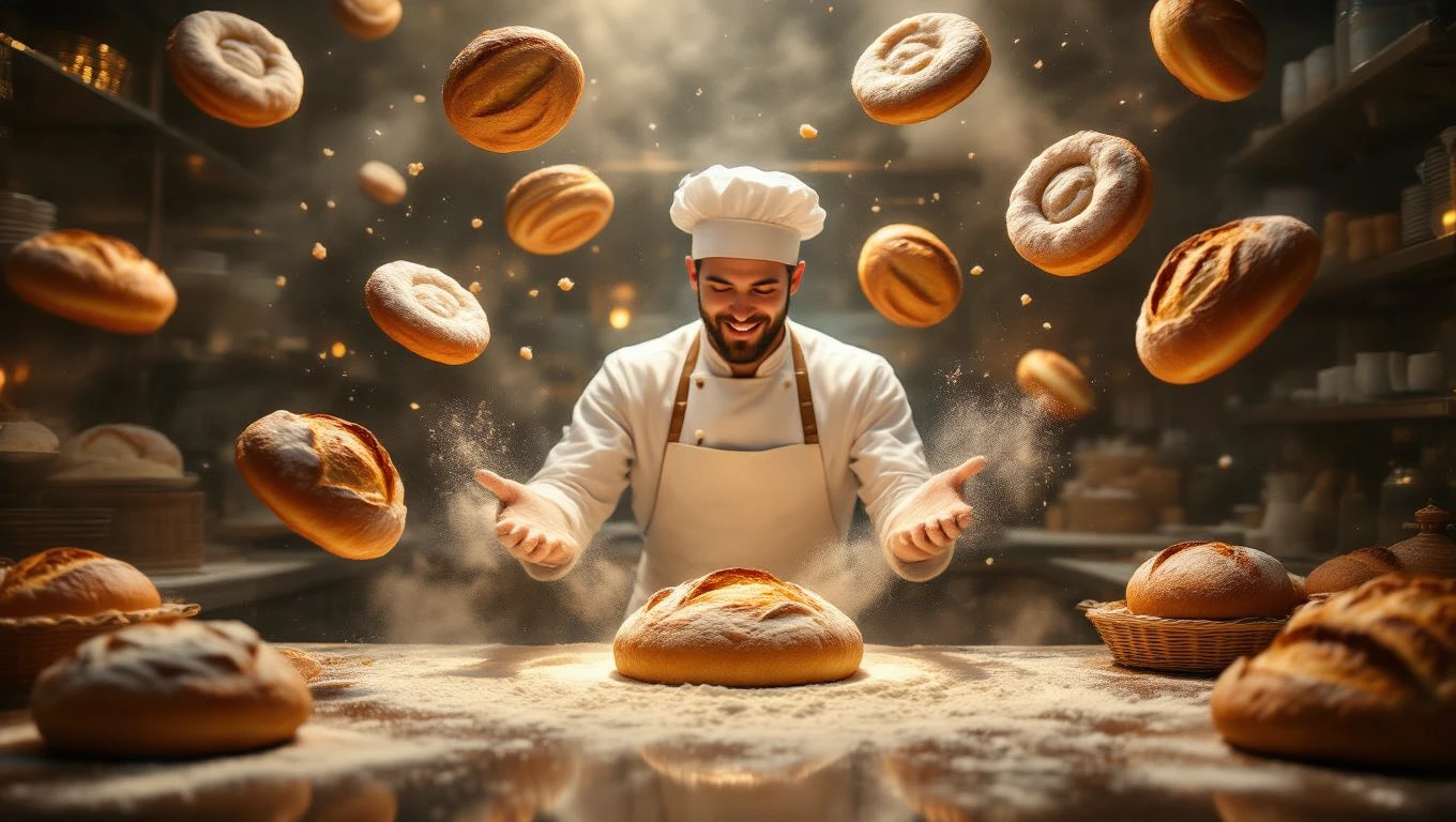 Mit jelent pékkel álmodni? – Részletes álomfejtés és értelmezés Egy pék, aki boldogan formáz friss kenyereket, miközben liszt kavarog körülötte.