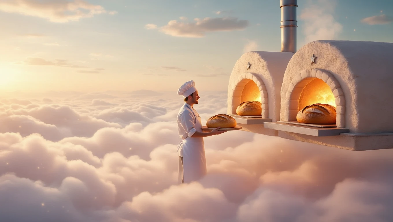 Mit jelent pékkel álmodni? – Részletes álomfejtés és értelmezés Egy péket ábrázoló kép, aki friss kenyeret süt a felhők felett.