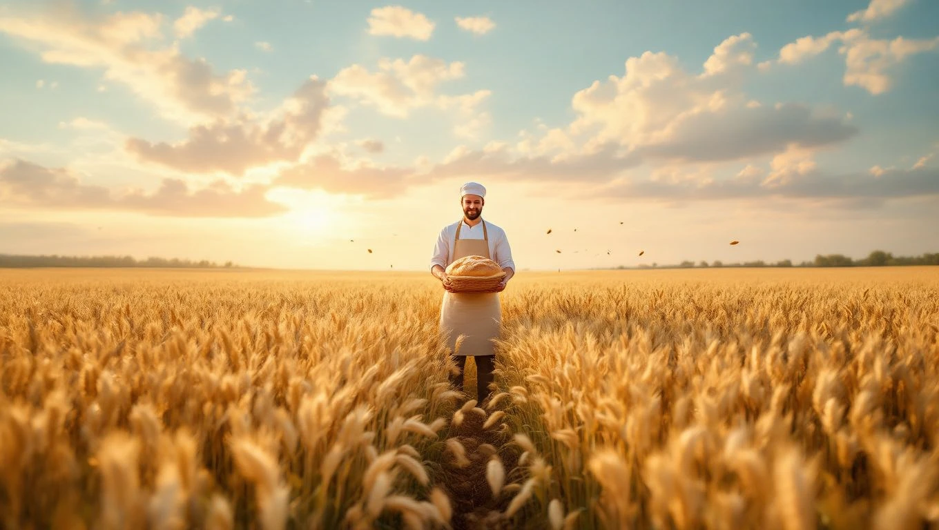 Mit jelent pékkel álmodni? – Részletes álomfejtés és értelmezés Egy pék áll a búzatáblában, friss kenyérrel a kezében, naplementében.