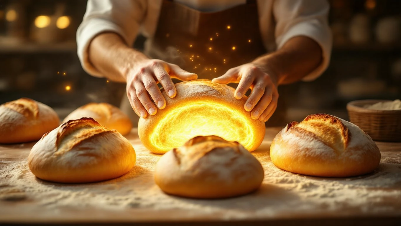 Mit jelent pékkel álmodni? – Részletes álomfejtés és értelmezés Egy péknél frissen sült kenyerek láthatók, az egyik kenyérből fény árad.