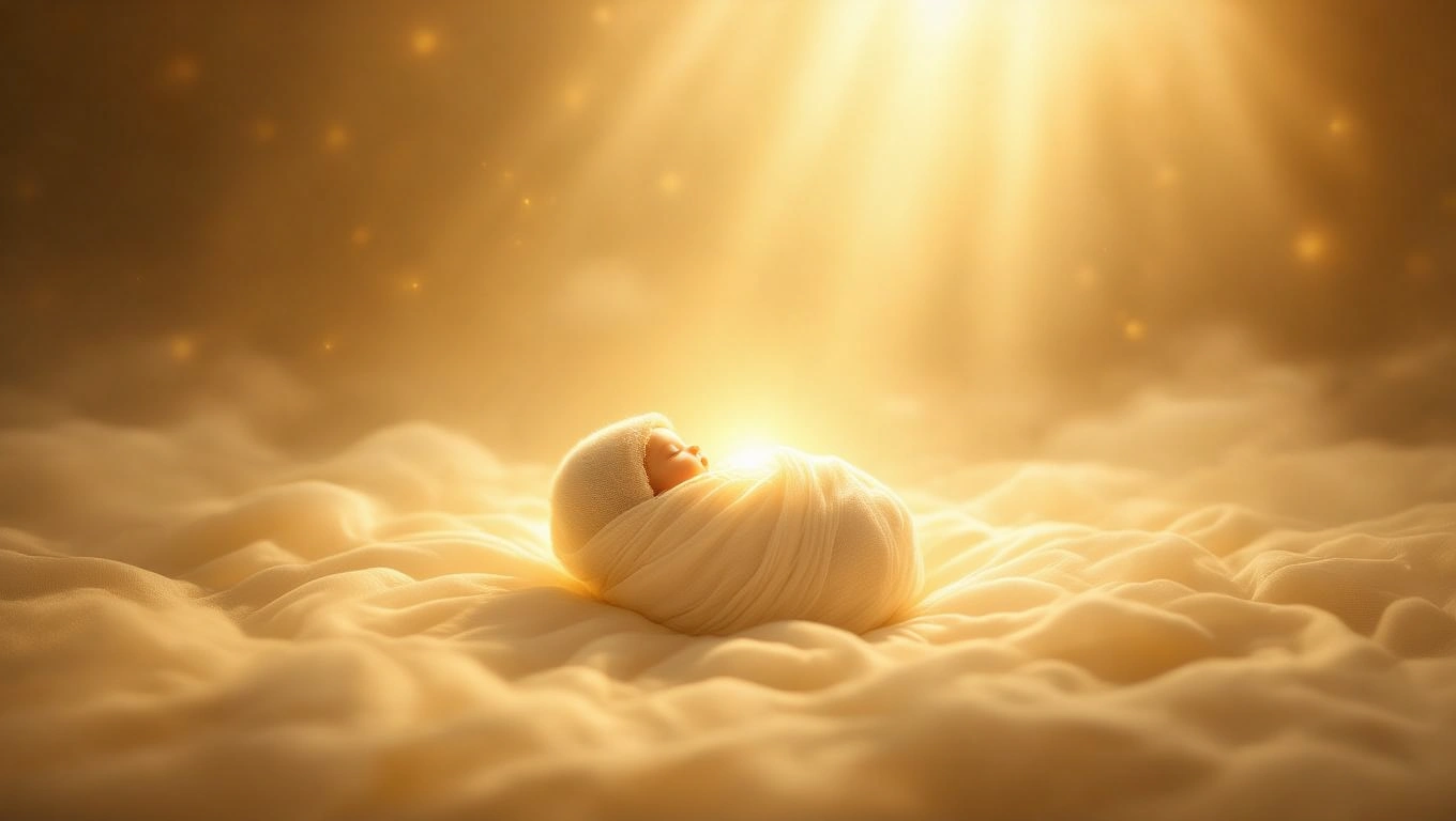 Mit jelent pólyával álmodni? – Részletes álomfejtés és értelmezés Bepólyált baba fekszik puha felhők között, arany fényben fürödve.