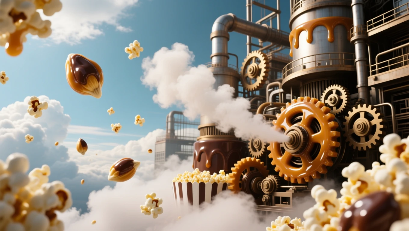 Mit jelent popcornról álmodni? – Részletes álomfejtés és értelmezés Popcorn gyártásának folyamatát bemutató, gőzölgő gépek és popcorndarabok a felhők között.