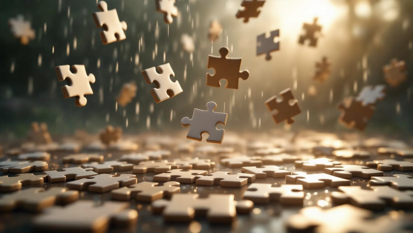 Mit jelent puzzlevel álmodni? – Részletes álomfejtés és értelmezés Kirakós darabok lebegnek a levegőben, háttérben lágy fényekkel.