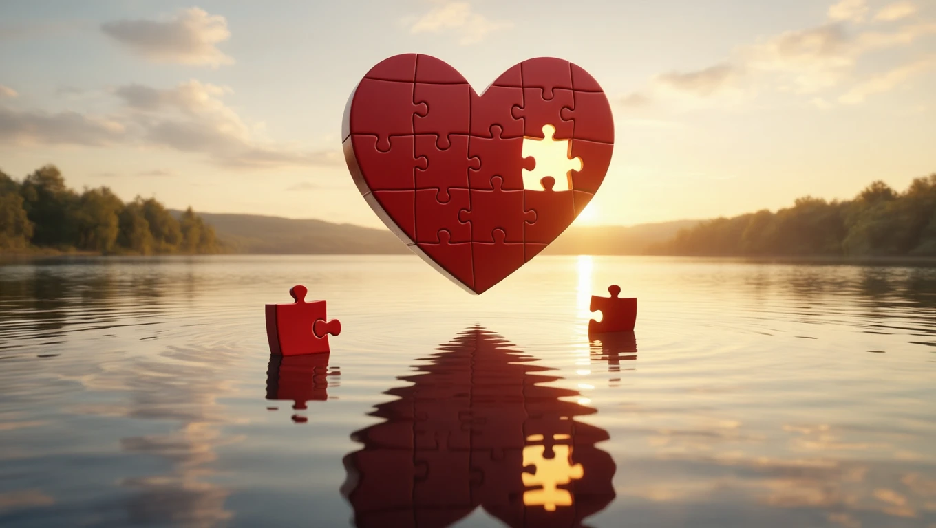 Mit jelent puzzlevel álmodni? – Részletes álomfejtés és értelmezés Egy piros puzzle szív lebeg a víz felszínén, hiányzó darabokkal.