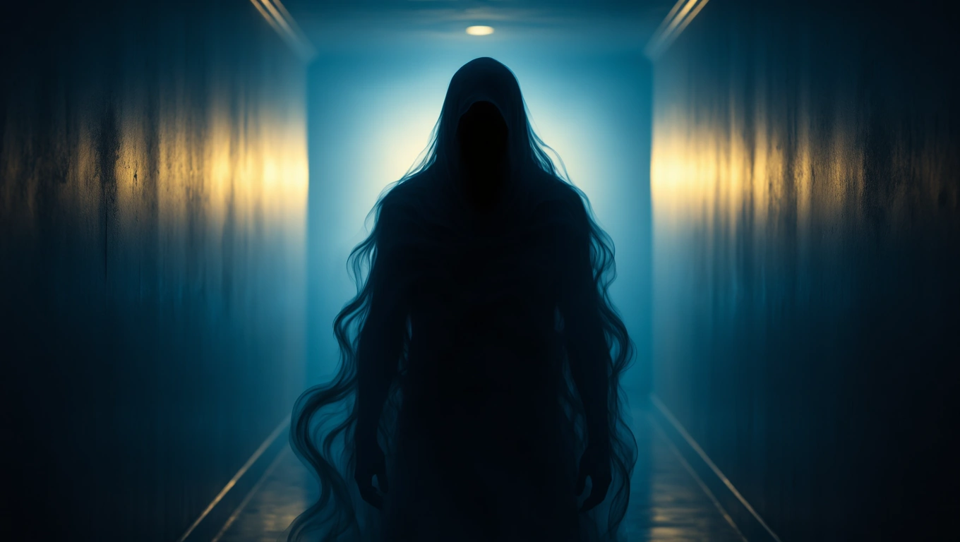 Mit jelent rémmel álmodni? – Részletes álomfejtés és értelmezés Egy sötét folyosón álló árnyalak, hosszú hajjal és ködös háttérrel.