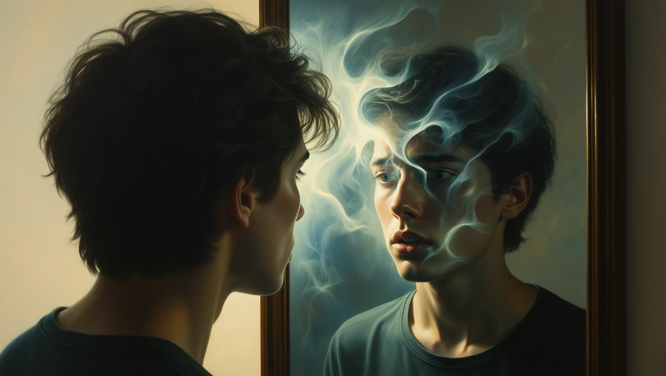 Mit jelent rémmel álmodni? – Részletes álomfejtés és értelmezés Egy fiatal fiú néz a tükörbe, arca feszülten tükröződik, körülötte füstös hatás.