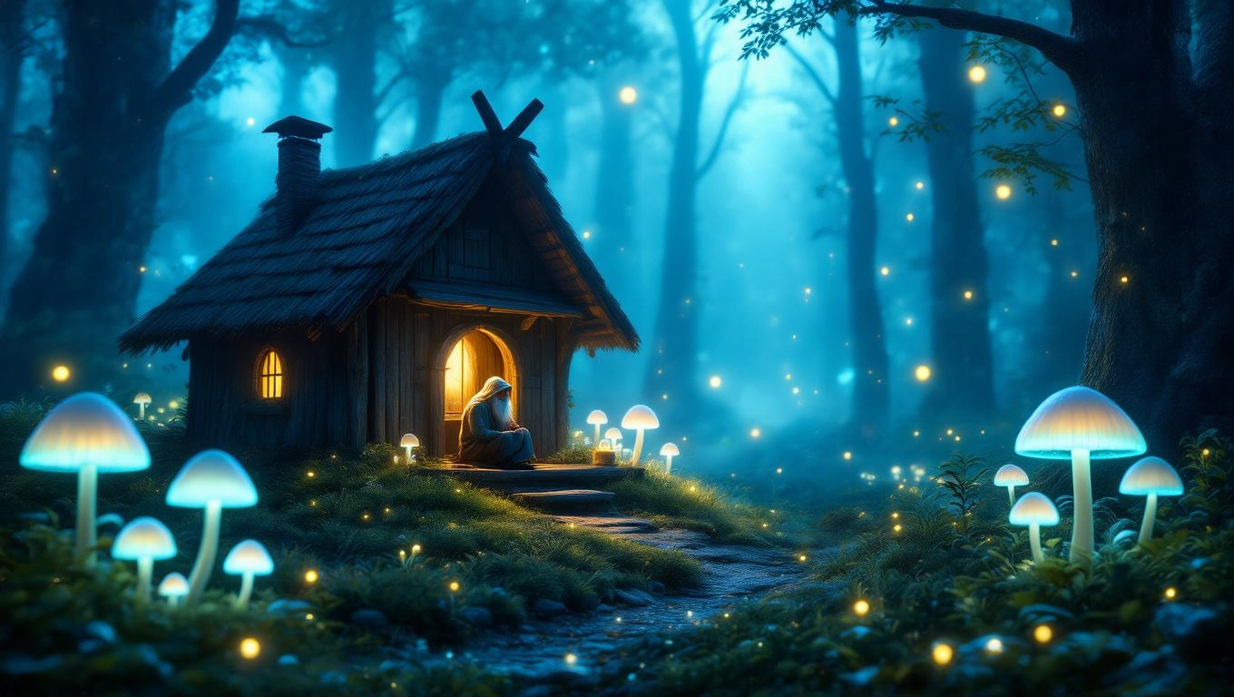 Mit jelent remetével álmodni? – Részletes álomfejtés és értelmezés Egy remetelak, amely előtt egy idős nő ül, körülötte fénylő gombák és erdő.