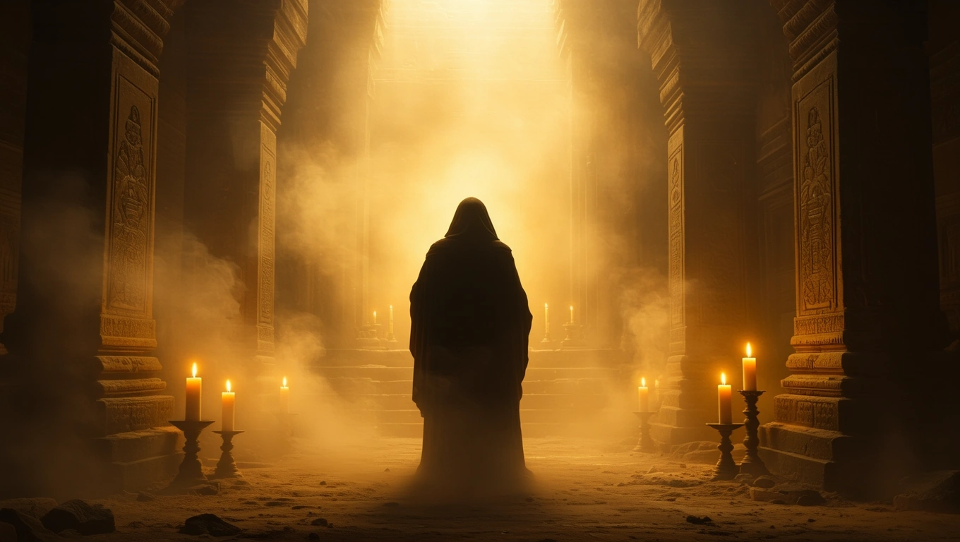 Mit jelent remetével álmodni? – Részletes álomfejtés és értelmezés Egy remetét ábrázoló figura áll egy misztikus, füstös térben, gyertyák fényében.