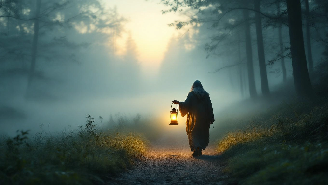 Mit jelent remetével álmodni? – Részletes álomfejtés és értelmezés Egy remetét ábrázoló figura sétál egy ködös erdei úton, lámpást tartva.