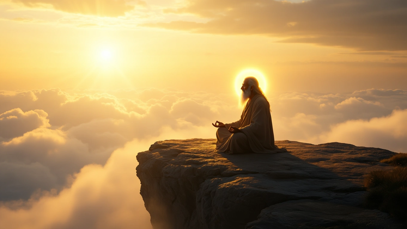 Mit jelent remetével álmodni? – Részletes álomfejtés és értelmezés Egy remete meditál a felhők felett, naplementében, békés környezetben.