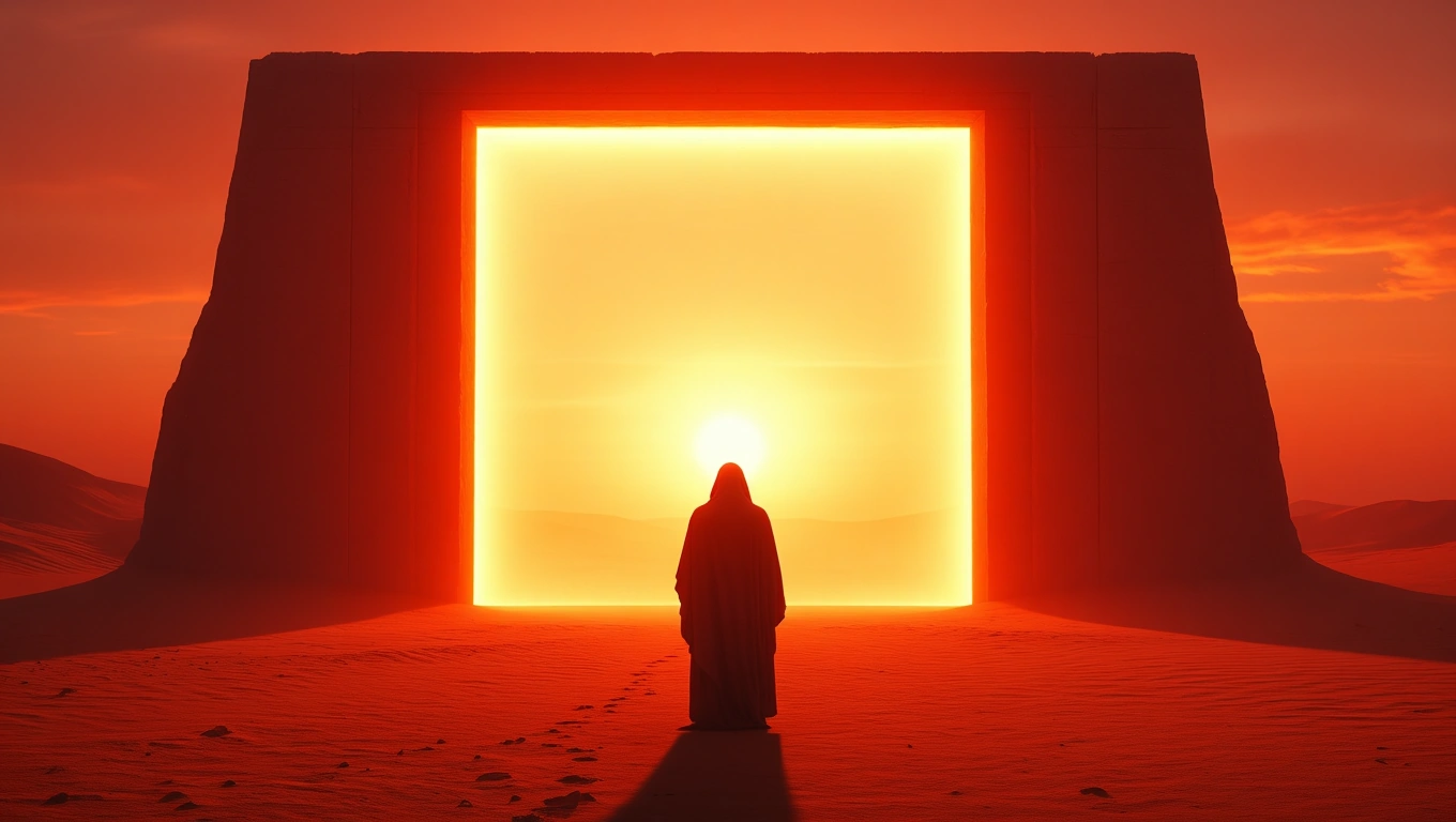 Mit jelent remetével álmodni? – Részletes álomfejtés és értelmezés Egy remetét ábrázoló figura áll egy fényes kapu előtt, naplementében.