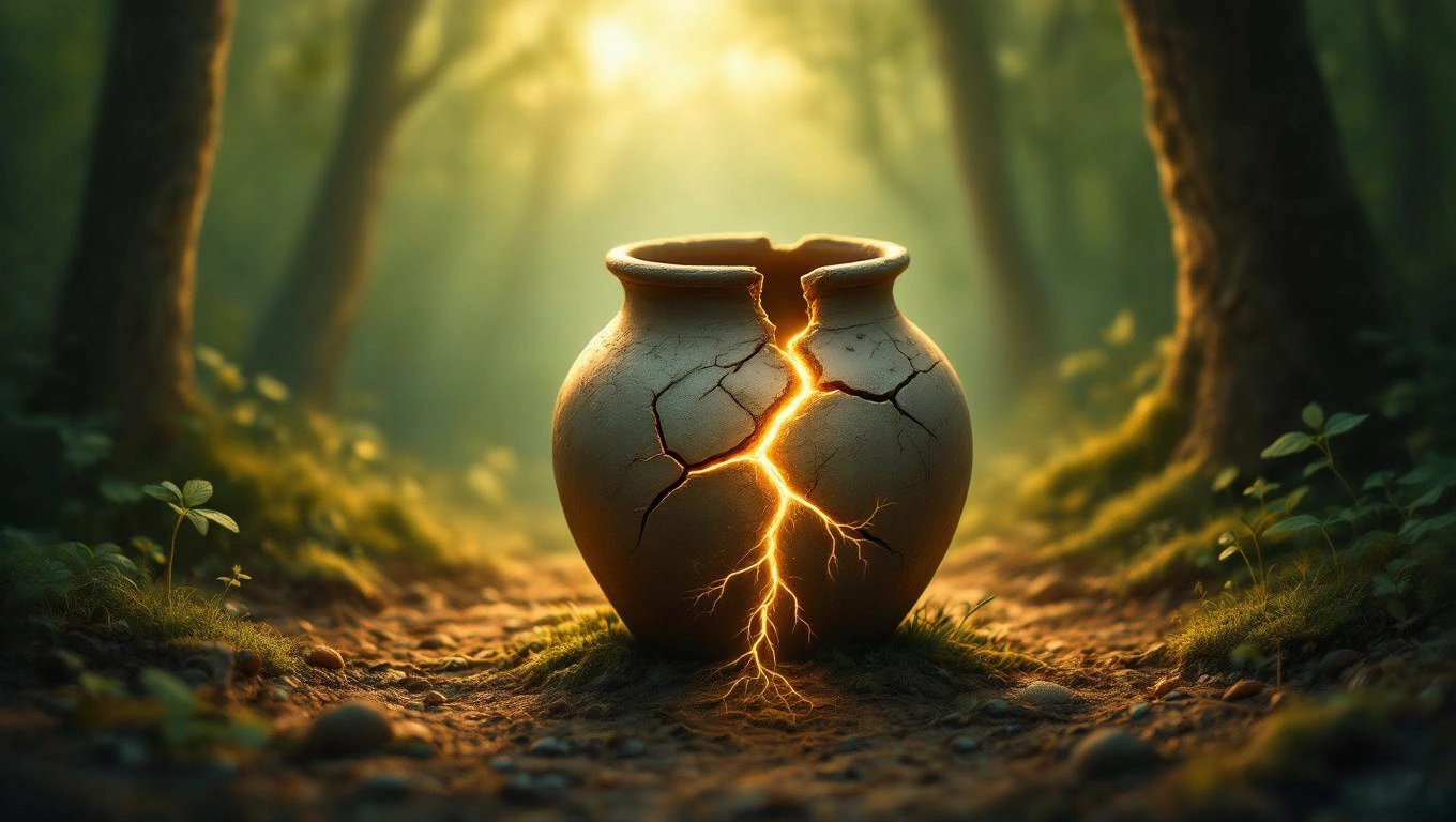Egy repedt fazék áll egy erdőben, zöld növények között, misztikus fényben.