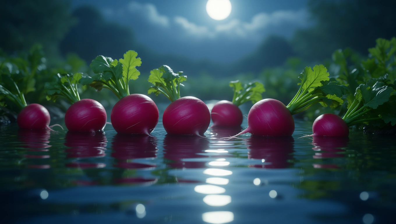 Mit jelent retekkel álmodni? – Részletes álomfejtés és értelmezés Több friss retek lebeg a víz felszínén, zöld leveleikkel a természetes környezetben.