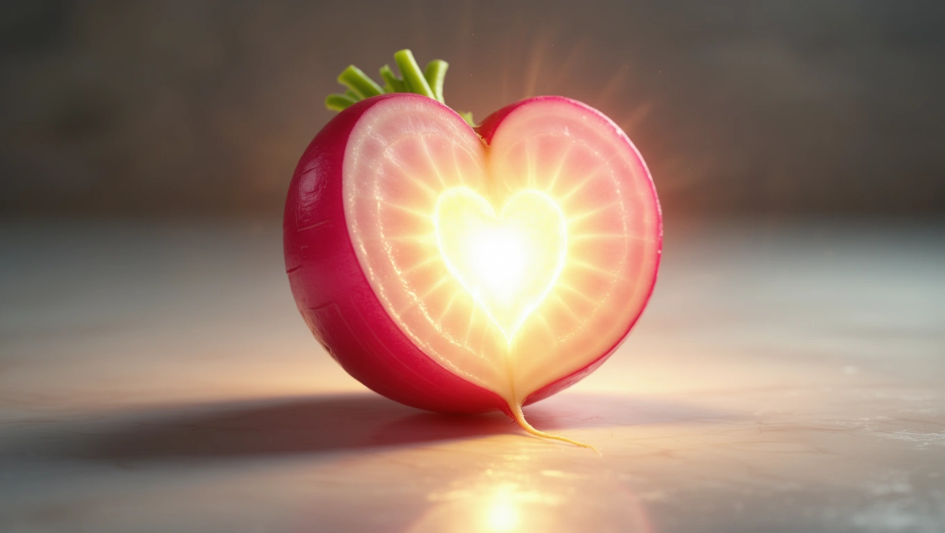 Mit jelent retekkel álmodni? – Részletes álomfejtés és értelmezés Félbevágott retek, belsejében szív alakú fény, amely érzelmeket szimbolizál.