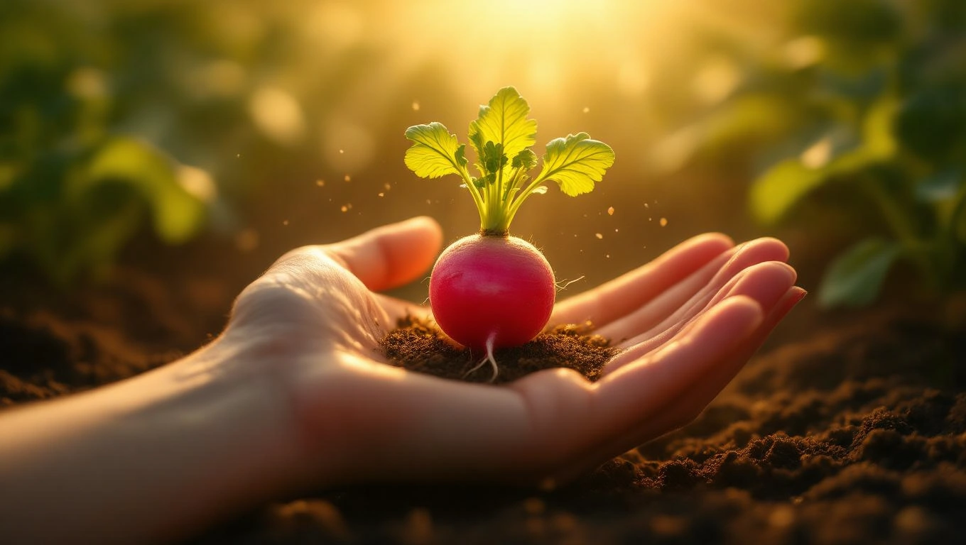 Mit jelent retekkel álmodni? – Részletes álomfejtés és értelmezés Egy kézben tartott friss retek, zöld levelekkel, napsütésben.