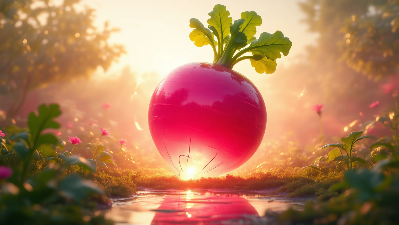 Mit jelent retekkel álmodni? – Részletes álomfejtés és értelmezés Egy fénylő retek áll a zöld növények között, napfényben fürödve.