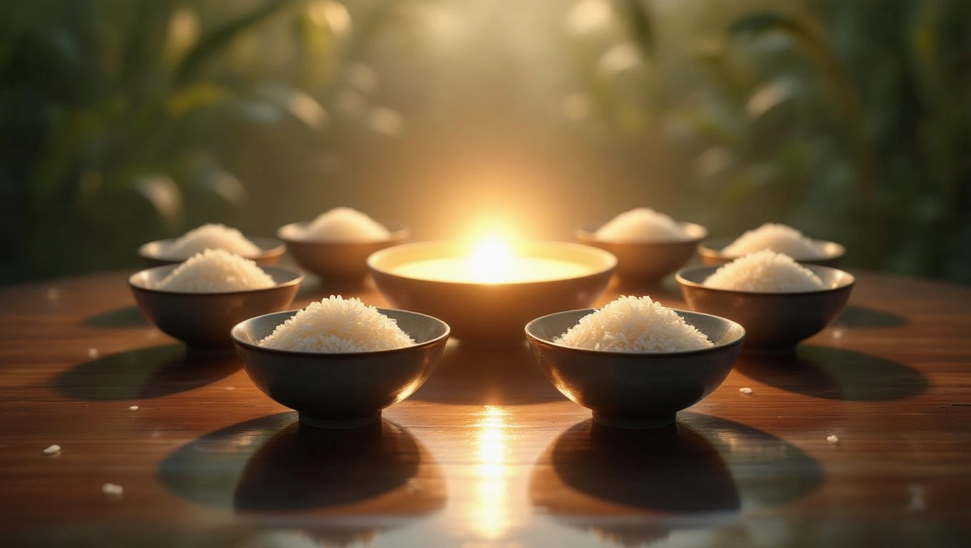 Mit jelent rizzsel álmodni? – Részletes álomfejtés és értelmezés Tálcákban elhelyezett főtt rizs, háttérben napfény és növények.