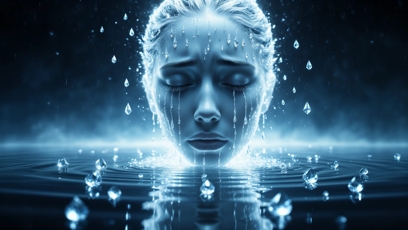 Mit jelent sírásról álmodni? – Részletes álomfejtés és értelmezés Egy nő arca, könnyekkel, víz alatt, érzelmi mélységet kifejezve.