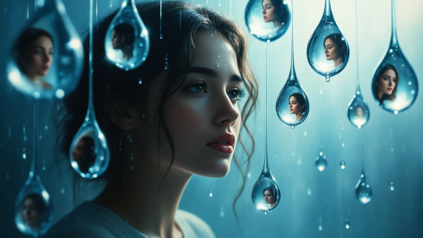 Mit jelent sírásról álmodni? – Részletes álomfejtés és értelmezés Egy nő arca, mellette vízcseppekben tükröződő képek, érzelmi mélységgel.